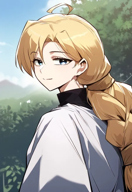 zPDXL3, score_9_up, score_8_up, score_7_up, (Anime_source), 1girl, KirilParreira, blue eyes, blonde hair, long hair, single braid, Kiril clothes, looking back, cowboy shot, looking at viewer, smile, little blush, upper body, closed mouth