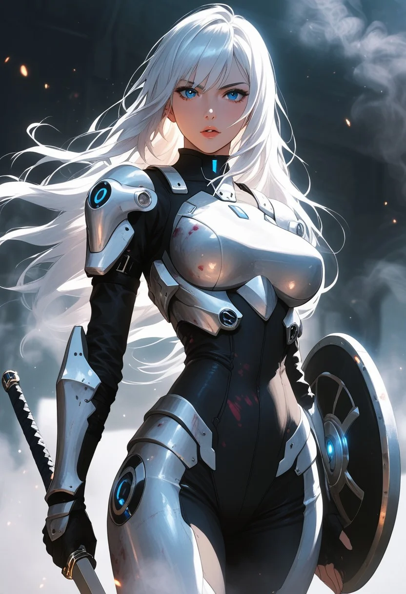 masterpiece, best quality, highly detailed, ultra-realistic, score_9, score_8_up, score_7_up, score_6_up, source_cartoon,
BREAK
1girl, 20yo, slim waist, large perk breasts, pale skin, long white hair, blue eyes, wearing futuristic armor, black armored pants, standing on a battlefield, looking at viewer with a determined expression, glowing blue sword, blood stains on armor, dim lighting, smoke in the air, faint scent of iron.
BREAK
sword in hand, shield on back, motion_lines:1.5, motion_blur:1.5.
BREAK
atmospheric, emotional, raw sensuality, dynamic light, cold_light, soft focus, depth of field, cinematic composition