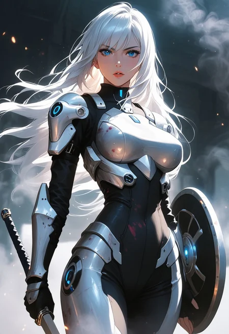 masterpiece, best quality, highly detailed, ultra-realistic, score_9, score_8_up, score_7_up, score_6_up, source_cartoon,
BREAK
1girl, 20yo, slim waist, large perk breasts, pale skin, long white hair, blue eyes, wearing futuristic armor, black armored pants, standing on a battlefield, looking at viewer with a determined expression, glowing blue sword, blood stains on armor, dim lighting, smoke in the air, faint scent of iron.
BREAK
sword in hand, shield on back, motion_lines:1.5, motion_blur:1.5.
BREAK
atmospheric, emotional, raw sensuality, dynamic light, cold_light, soft focus, depth of field, cinematic composition