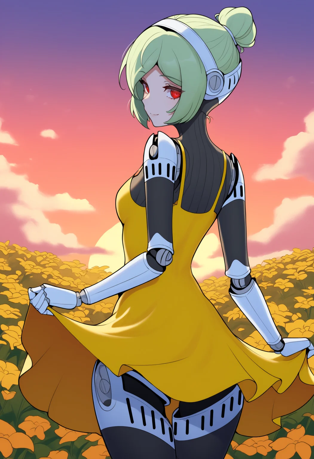 masterpiece, best quality, newest, from behind, solo, 1girl, android, robot joints, slight smile, looking back, skirt hold, short hair, green hair, single hair bun, red eyes, yellow sundress, spaghetti strap, outdoors, sunset, cloud, flower field
<segment:yolo-Anzhc Face seg 640 v3 y11n.pt,0.4,1//cid=11>