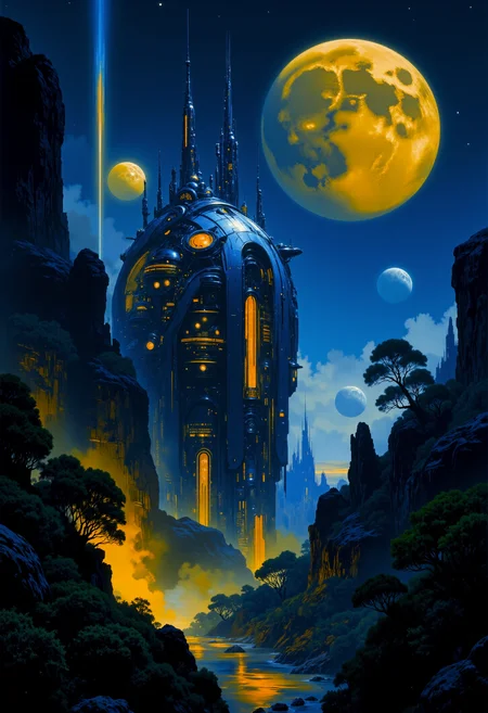 highest details, ultra hyper realism. highly detailed and realistic. intricate and highly professional artwork, an absolute masterpiece. dramatic lighting.
This is a high-quality digital painting depicting a fantastical, futuristic cityscape set against a starry night sky. The scene features towering, organic structures with intricate, glowing circuits and neon lights that illuminate the scene in a cool blue and orange palette. The background showcases a large, glowing moon and several floating, spherical buildings with warm lighting, adding depth and a sense of scale. The foreground is filled with lush, dense foliage and trees, creating a contrast between nature and technology. The camera angle is slightly low, emphasizing the grandeur of the structures. The image has a very high aesthetic quality with sharp details and a deep depth of field, keeping both the foreground and background in focus. The overall mood is both ethereal and futuristic.
<lora:artilands_v02-000006:1>