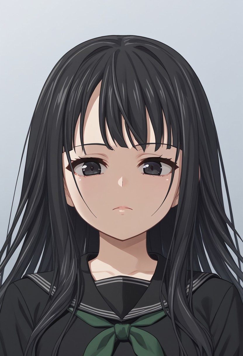 1girl, solo, byakuya rinne, black eyes, black serafuku, green neckerchief, upper body, portrait, face focus, expressionless, source_anime, score_9