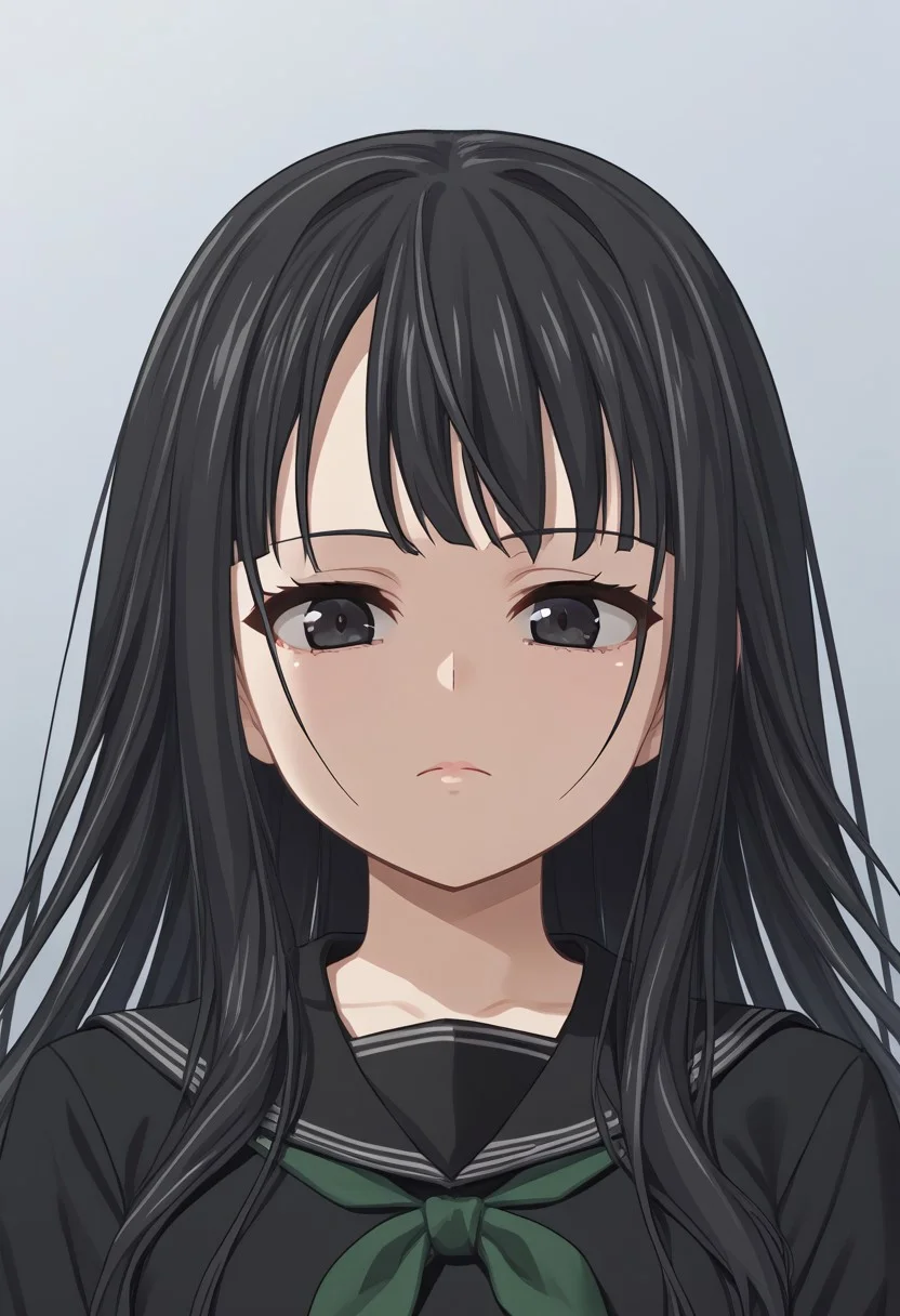 1girl, solo, byakuya rinne, black eyes, black serafuku, green neckerchief, upper body, portrait, face focus, expressionless, source_anime, score_9