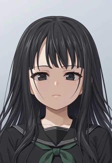 1girl, solo, byakuya rinne, black eyes, black serafuku, green neckerchief, upper body, portrait, face focus, expressionless, source_anime, score_9