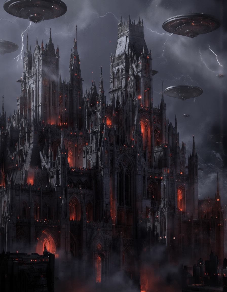 Art by Col Price & Arthur Yuan.
By Arthur Yuan. A dramatic digital illustration shoot from a bird's eye view about a futuristic cityscape at night, featuring tall, gothic structures with intricate details and glowing red accents. the scene is set against a dark, stormy sky with lightning illuminating the city below. in the center of the image, a large, imposing castle-like structure stands out against the dark, smoky backdrop. the castle has multiple towers, spires, and arched windows, and is lit up with red lights, giving it a dramatic, ethereal appearance. several flying saucers can be seen in the distance, adding to the sense of movement and energy in the scene.