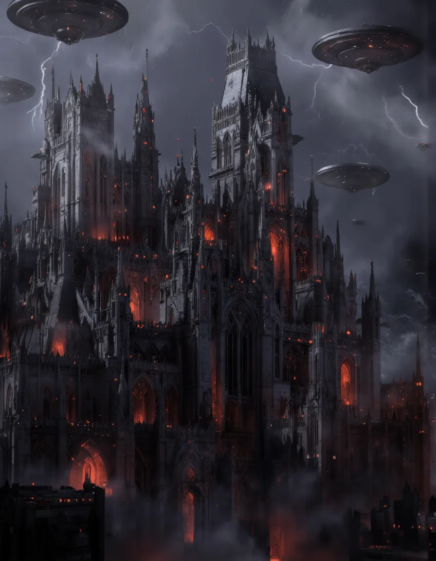Art by Col Price & Arthur Yuan.
By Arthur Yuan. A dramatic digital illustration shoot from a bird's eye view about a futuristic cityscape at night, featuring tall, gothic structures with intricate details and glowing red accents. the scene is set against a dark, stormy sky with lightning illuminating the city below. in the center of the image, a large, imposing castle-like structure stands out against the dark, smoky backdrop. the castle has multiple towers, spires, and arched windows, and is lit up with red lights, giving it a dramatic, ethereal appearance. several flying saucers can be seen in the distance, adding to the sense of movement and energy in the scene.