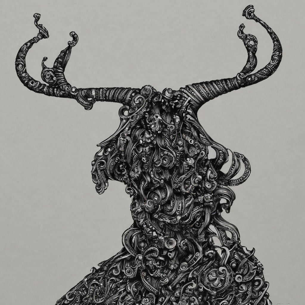 PStyl3, the horns on my head they're from goddesses <lora:Maximalist_Drawing_BW:0.95>