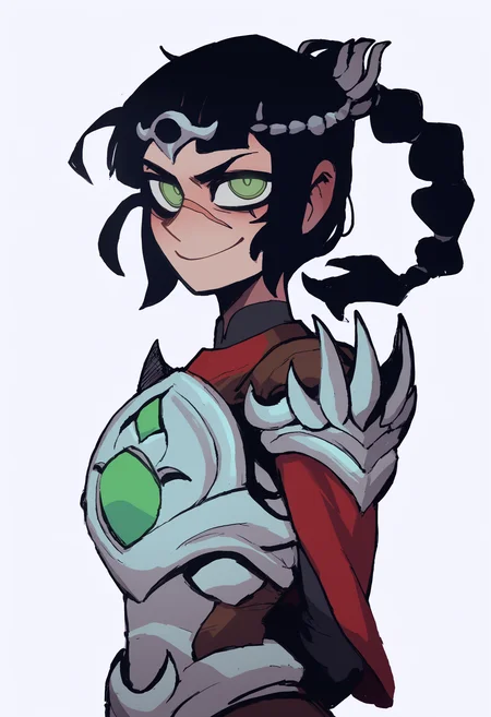 score_9, score_8_up, score_7_up, score_6_up, score_5_up, score_4_up, BREAK, source_anime,
1girl, solo, shadowheart, black hair, braided ponytail, green eyes, scar on face, circlet, looking at viewer, armor, arms behind back, smile, standing, white background <lora:ShadowHeartXL:0.8> <lora:VanripArtXLLocon:1>
