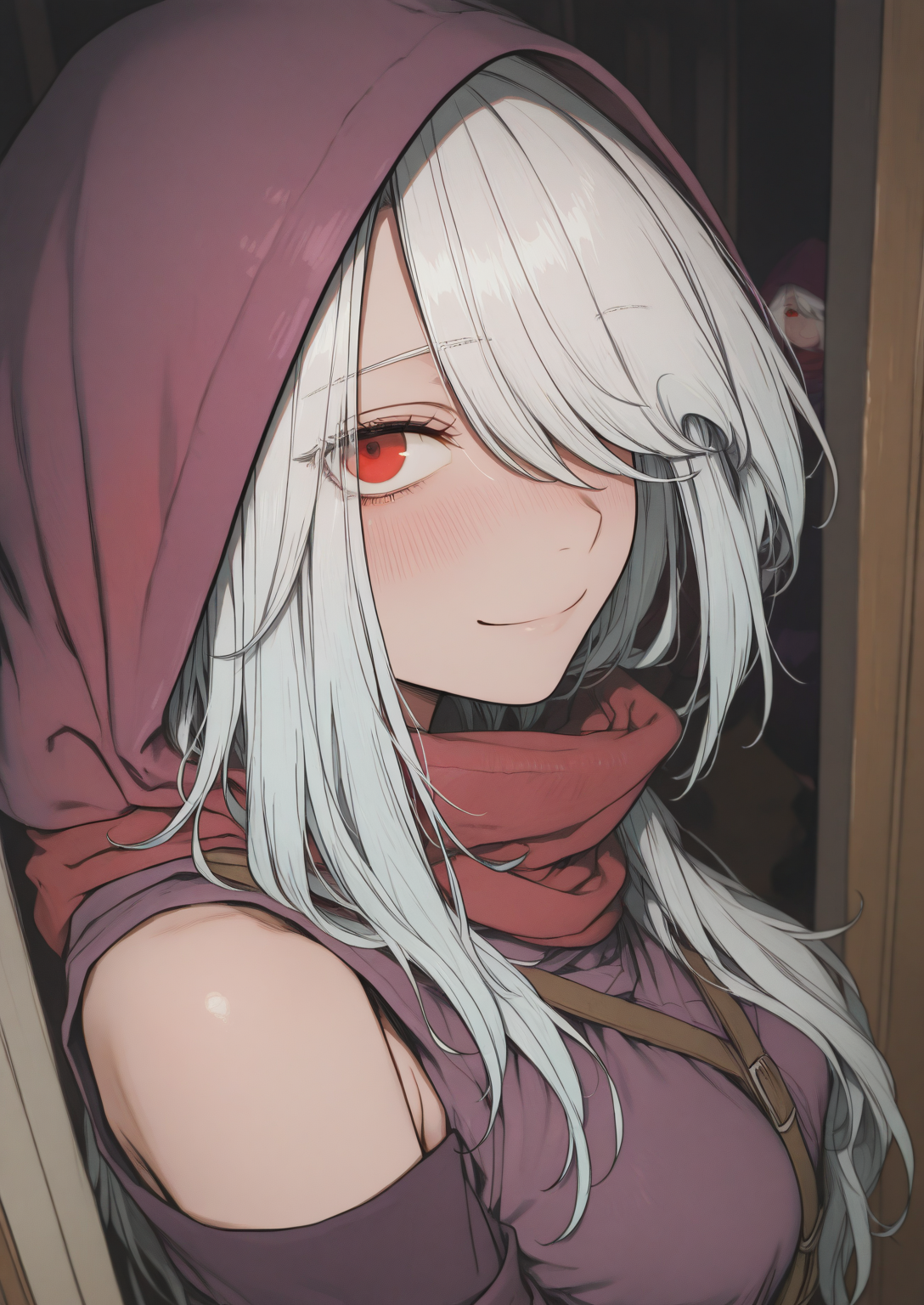 "1girl, solo, standing, smile, looking at viewer, closed mouth", bedroom 
BREAK
<lora:Tu_Linger_V4:0.8>,Tu_Lingâer, white hair,red eyes, long hair, asymmetrical bangs, side-swept bangs,(hair covering one eye:1.2), hood up, wearing hood, purple hood, red scarf, purple cloak, long purple cloak, 
<lora:illustriousXLv01_stabilizer_v1.165c:0.5>, <lora:aosiai123_style:1> traditional media,  aosiai123_illu,, masterpiece, best quality, amazing quality, very aesthetic, absurdres,  newest,