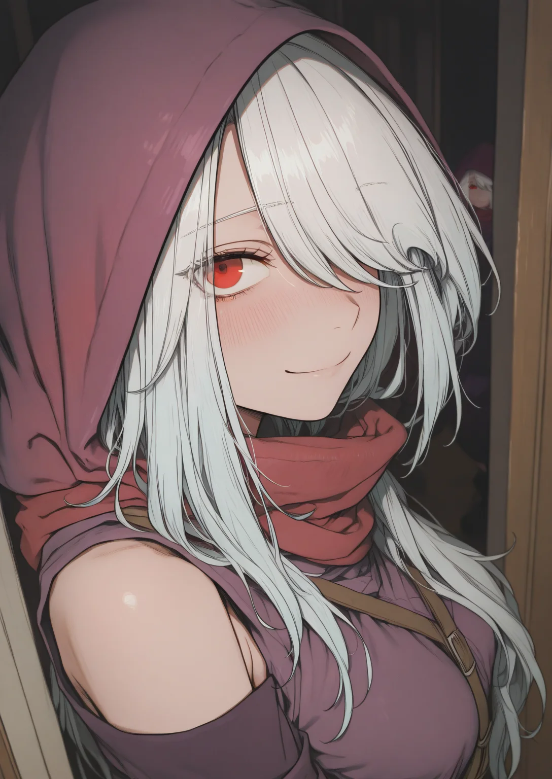 "1girl, solo, standing, smile, looking at viewer, closed mouth", bedroom
BREAK
<lora:Tu_Linger_V4:0.8>,Tu_Lingâer, white hair,red eyes, long hair, asymmetrical bangs, side-swept bangs,(hair covering one eye:1.2), hood up, wearing hood, purple hood, red scarf, purple cloak, long purple cloak,
<lora:illustriousXLv01_stabilizer_v1.165c:0.5>, <lora:aosiai123_style:1> traditional media, aosiai123_illu,, masterpiece, best quality, amazing quality, very aesthetic, absurdres, newest,