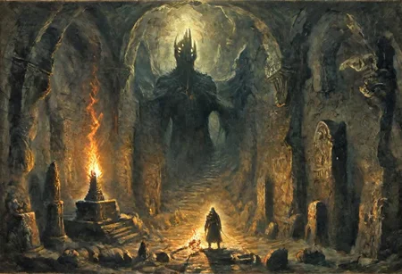 a silhouette standing in the middle with a torch, mines of moria underground, carved statues, abstract temple in the unthinking depths, 
overgrown cave and ruined walls, Nordic dungeon, cave ruins concept art, demonic runes and incantations carved into the dark souls catacomb, Skyrim, the elder scrolls, arx fatalis, dungeons and dragons,