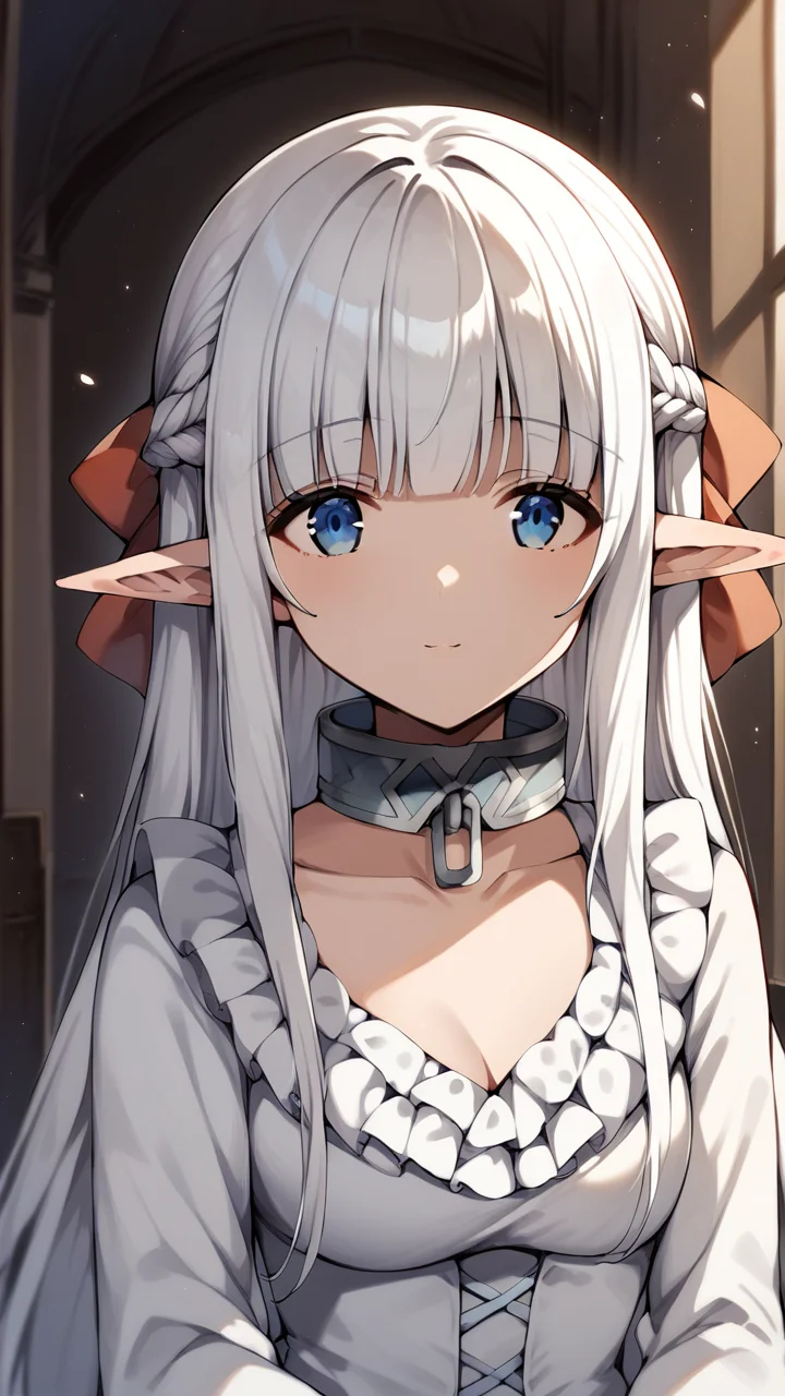 score_9, score_8_up, score_7_up, source_anime, rating_safe,
1girl, solo, indoors, standing, upper body, looking at viewer, (smile:0.7)
<lora:Nephilia_v2-soralz:0.9>, nephilia, white hair, very long hair, blue eyes, braid, pointy ears, elf, hair bow, blunt bangs, sidelocks,
collarbone, (cleavage:0.7), metal collar, long sleeves, frilled sleeves, white dress, frilled dress