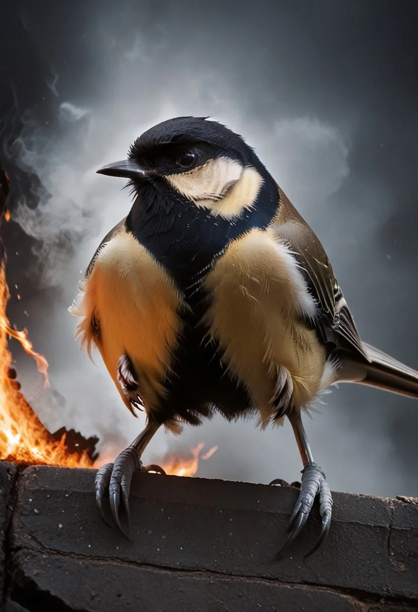 score_9, score_8_up, score_7_up, score_6_up, score_5_up, score_4_up, rating_safe,source_photorealistic,upper body,1bird,a gaint tit rampaging throughout a burning city
