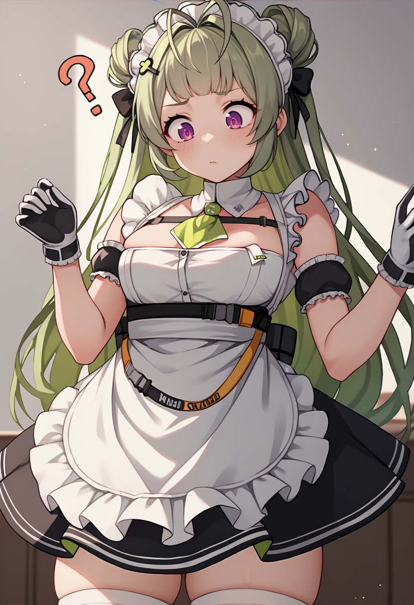 score_9, score_8_up, score_7_up, source_anime BREAK 1girl, <lora:soda-nikke-richy-v1_pdxl:1> nikkesoda, purple eyes, long hair, green hair, bangs, double bun, antenna hair, maid headdress, hairclip, detached collar, green ascot, chest strap, armband, maid, maid apron, multicolored gloves, white thighhighs, skindentation, small breasts, confused, ?, indoors, looking down
