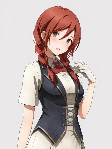 masterpiece,best quality,newest,
1girl,solo,
<lora:t_hibari_b_ilxl_v1.1:1>,t_h_b,red hair,twin braids,brown eyes,
h_clothes,red ascot,white gloves,black vest,white skirt,
<lora:Fixhands_anime_bdsqlsz_V1:1>,light_blush,parted lips,cowboy_shot,upper_body,portrait,white_background,simple_background,standing,hand up,