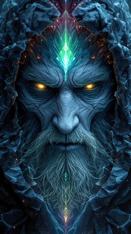 A symmetric portrait of a male, evil frozen necromancer, features dissolving into frozen magic thin, luminescent blue lines. Weighted Voronoi stippling and laser caustics create a network, transitioning from hyperrealistic detail to abstract, quantum-inspired forms. Ethereal hues blend, evoking existential transition and mystery. Close-up on face, evil skull partially visible. Set against a twilight arctic backdrop, icy winds ripple through his tattered robes. Rendered in a fusion of photorealism and digital surrealism, the scene is illuminated by ghostly Northern Lights. Emphasis on cold, menacing atmosphere, invoking Nordic myths