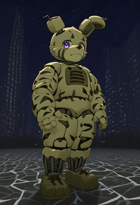 lv1rubili, zPDXL2, furry, anthro, cute, kemono, male focus, score_9, score_8_up, score_7_up, full body, digital art, highly detailed, looking at viewer, standing to viewer, full view, 1boy, solo, moody nighttime atmosphere, night city background, springtrap, animatronic, thick black smoke everywhere, standing on zebra crossing