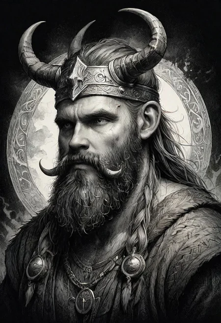 a black and white drawing of a bearded man with horns, norse god, male god svarog portrait, viking god, by Roman Bezpalkiv, by Tadeusz Pruszkwski, by Nikola Avramov, tuomas korpi and wlop, greybeard, painted portrait of rugged odin, 0 fantasy proto-slavic mythology, INK ART