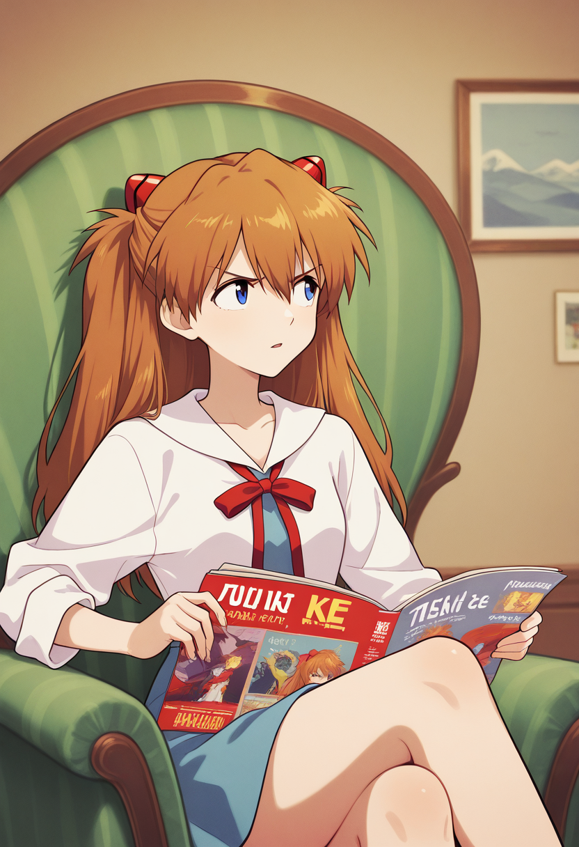 masterpiece, best quality, Graphic Design, color art, vibrant colors, colorful, intricate details, high contrast, detailed background, beautiful detailed, beautiful face, detailed eyes, detailed face, new, newest, trtn, frown, parted lips, looking away, holding, magazine, sitting, chair, 1girl, solo, asuka langley, room, upper body, crossed legs,