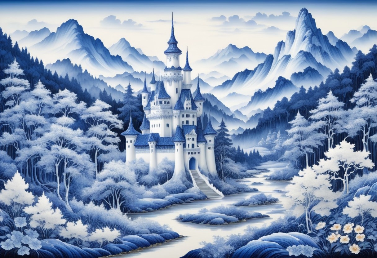 porcelain castle  in Bluepatternporcelain, detailed calligraphy ornament, 
mountain forest meadow background,