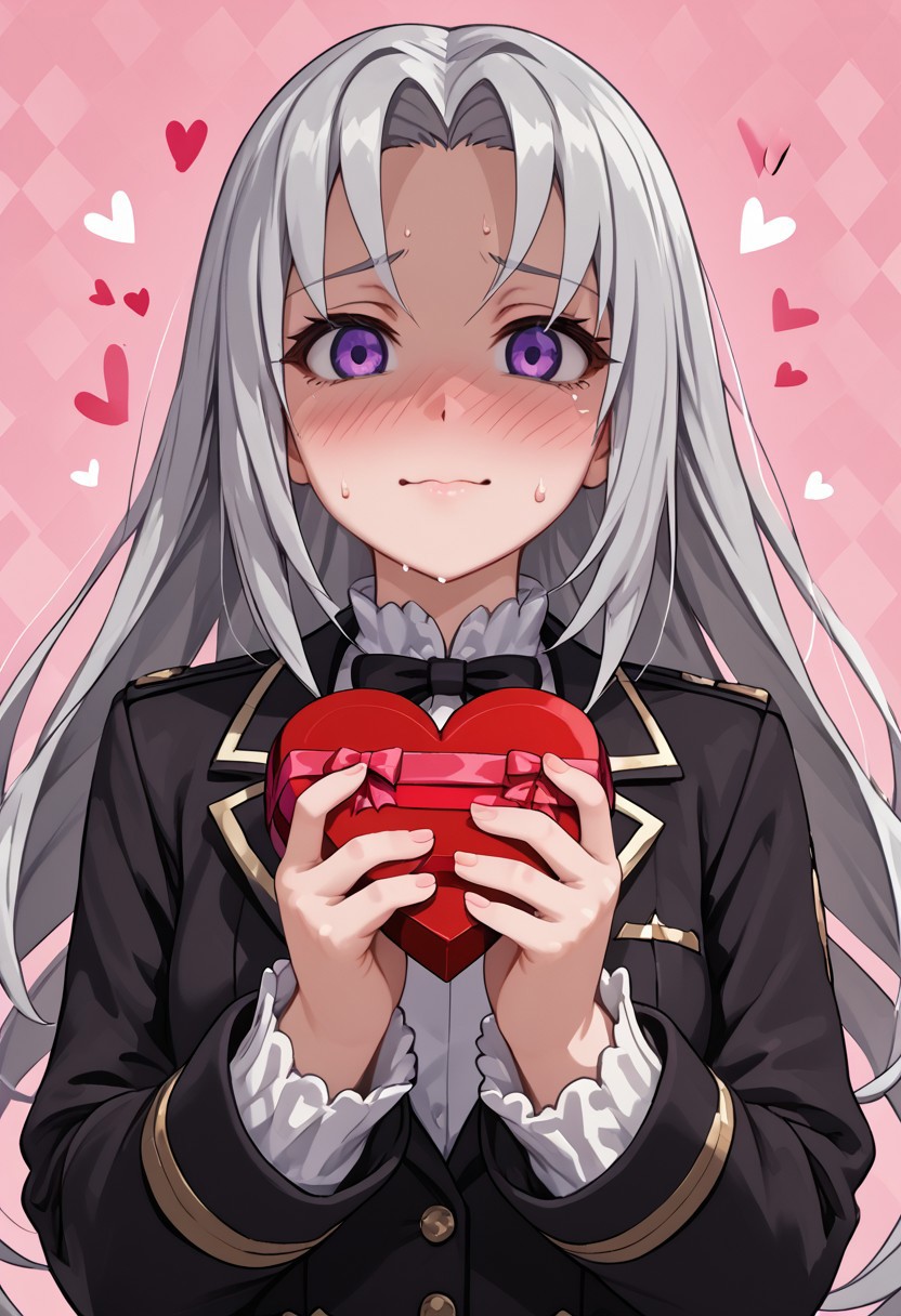 score_4,score_5,score_6,score_7_up,score_8_up,score_9 ((masterpiece,best quality,ultra detailed,highres,HD,4k:1.2)), 
1girl, solo,solo focus,girl focus,face focus,
Elise(V1),grey hair,long hair,Forehead,parted bangs,purple eyes,Droopy eyes,shaded face,
Black jacket,long sleeves,white shirt
pov,from the front, front view, front angle, 
Happy Valentine's Day, Valentine's chocolate, holding wrapped chocolate, 
heart background, 
Embarrassing,full face blush,sweat,