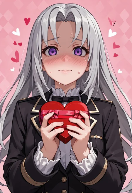score_4,score_5,score_6,score_7_up,score_8_up,score_9 ((masterpiece,best quality,ultra detailed,highres,HD,4k:1.2)),
1girl, solo,solo focus,girl focus,face focus,
Elise(V1),grey hair,long hair,Forehead,parted bangs,purple eyes,Droopy eyes,shaded face,
Black jacket,long sleeves,white shirt
pov,from the front, front view, front angle,
Happy Valentine's Day, Valentine's chocolate, holding wrapped chocolate,
heart background,
Embarrassing,full face blush,sweat,
