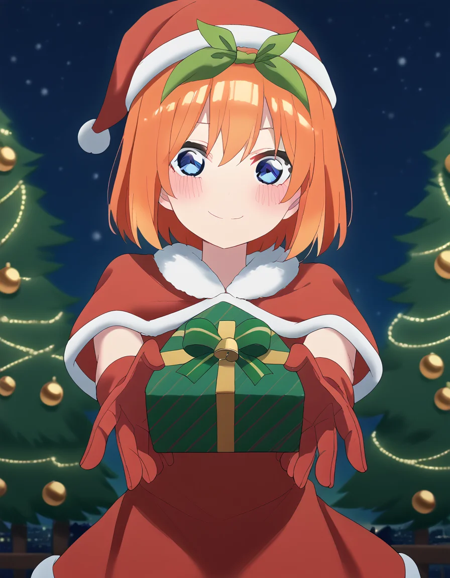 score_9, score_8_up, score_7_up, source_anime, <lora:yotsuba-nakano-s2-ponyxl-lora-nochekaiser:1>, yotsuba nakano, bangs, short hair, blue eyes, hair between eyes, hair ribbon, hairband, orange hair, green ribbon, large breasts,, <lora:santa-costume-ponyxl-lora-nochekaiser:1>, santa costume, santa hat, christmas, sack, merry christmas, gift, fur-trimmed headwear, holding sack, santa dress, fur-trimmed dress, christmas tree, christmas tree, fur trim, red capelet, gift box, red gloves, fur-trimmed capelet, santa gloves, red hat, hat,, smile, blush, looking at viewer, <lora:incoming-gift-ponyxl-lora-nochekaiser:1>, incoming gift, outstretched arms, holding, holding gift, gift, gift box,,