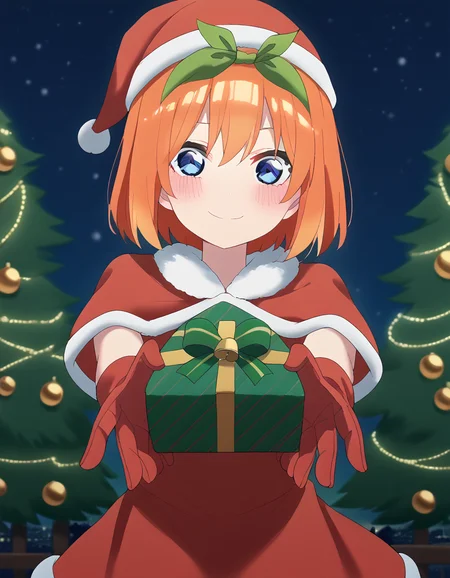 score_9, score_8_up, score_7_up, source_anime, <lora:yotsuba-nakano-s2-ponyxl-lora-nochekaiser:1>, yotsuba nakano, bangs, short hair, blue eyes, hair between eyes, hair ribbon, hairband, orange hair, green ribbon, large breasts,, <lora:santa-costume-ponyxl-lora-nochekaiser:1>, santa costume, santa hat, christmas, sack, merry christmas, gift, fur-trimmed headwear, holding sack, santa dress, fur-trimmed dress, christmas tree, christmas tree, fur trim, red capelet, gift box, red gloves, fur-trimmed capelet, santa gloves, red hat, hat,, smile, blush, looking at viewer, <lora:incoming-gift-ponyxl-lora-nochekaiser:1>, incoming gift, outstretched arms, holding, holding gift, gift, gift box,,