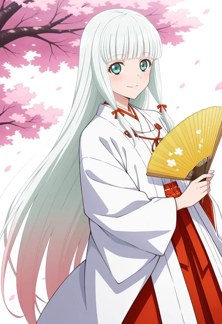 white background, pink petals,
BREAK,
light smile, blush, hand fan, hiougi fan, holding fan,
cowboy shot, dynamic angle,
BREAK,
<lora:lailahI_illustriousXL_v04:1>
lailahrnd, gradient hair, silver hair, aqua eyes, very long hair, straight hair, blunt bangs, tied sidelocks,
miko, hakama, red hakama, chihaya \(clothing\), kariginu,
sandals, white tabi,, source_anime, very aesthetic, anime coloring, masterpiece,
best quality, amazing quality, ultra detailed, very aesthetic,
detailed background,
BREAK,