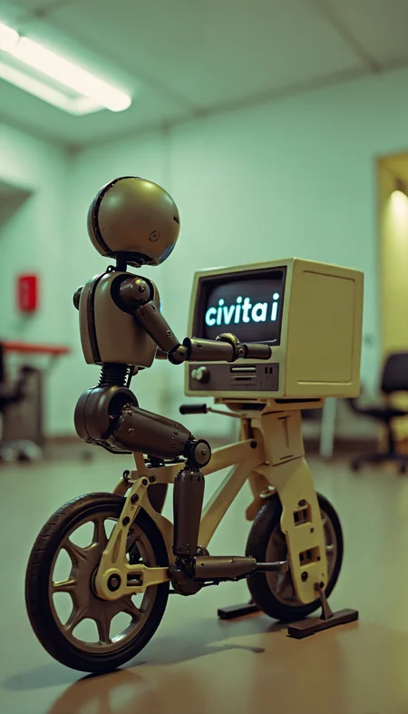robot peddling a bike that is hooked up to a computer screen that says "civitai"