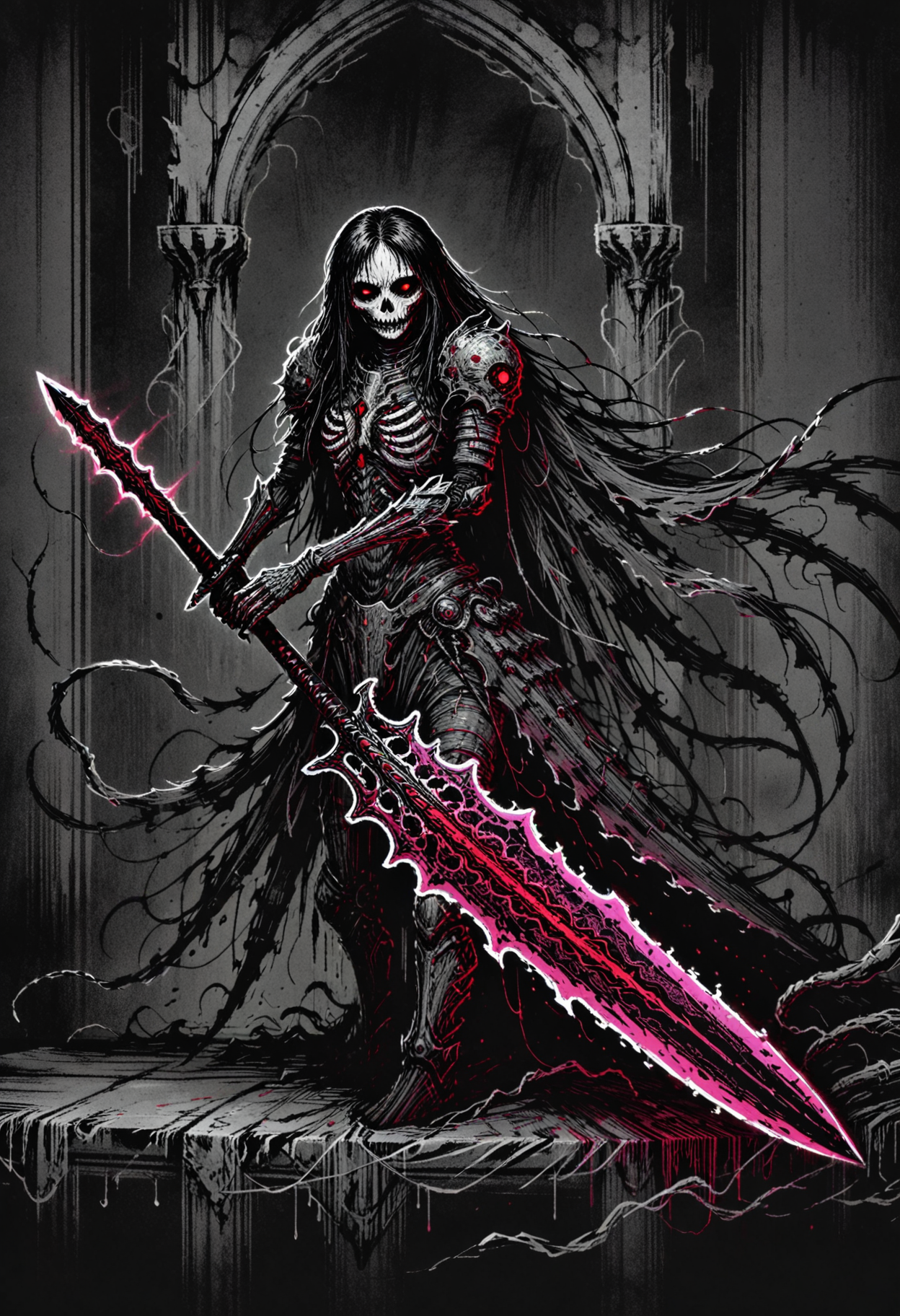 DonMB01dD4rkXL, gothic scifi illustration of a grim armored figure, her armor adorned with contraptions and pulsating with a red-pink light. She wields a greatsword with a blade made of pure light in circuitry line geometry devouring the darkness around it, its blade surrounded by swirling cosmic energy. The setting is a cyber tech ruin, the walls lined with data crystals with circuit-lines and holographic arrays like flickering screens displaying glitching cryptic messages. A sense of dread permeates the air, as the protagonist prepares to confront the evil forces that haunt the ruin's halls.   <lora:dmd2_sdxl_4step_lora> <lora:xl_bold_dark_DonMB01dD4rkXL>