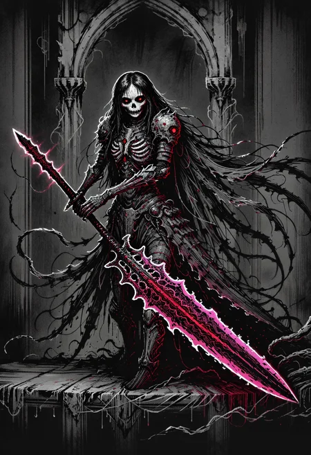 DonMB01dD4rkXL, gothic scifi illustration of a grim armored figure, her armor adorned with contraptions and pulsating with a red-pink light. She wields a greatsword with a blade made of pure light in circuitry line geometry devouring the darkness around it, its blade surrounded by swirling cosmic energy. The setting is a cyber tech ruin, the walls lined with data crystals with circuit-lines and holographic arrays like flickering screens displaying glitching cryptic messages. A sense of dread permeates the air, as the protagonist prepares to confront the evil forces that haunt the ruin's halls. <lora:dmd2_sdxl_4step_lora> <lora:xl_bold_dark_DonMB01dD4rkXL>