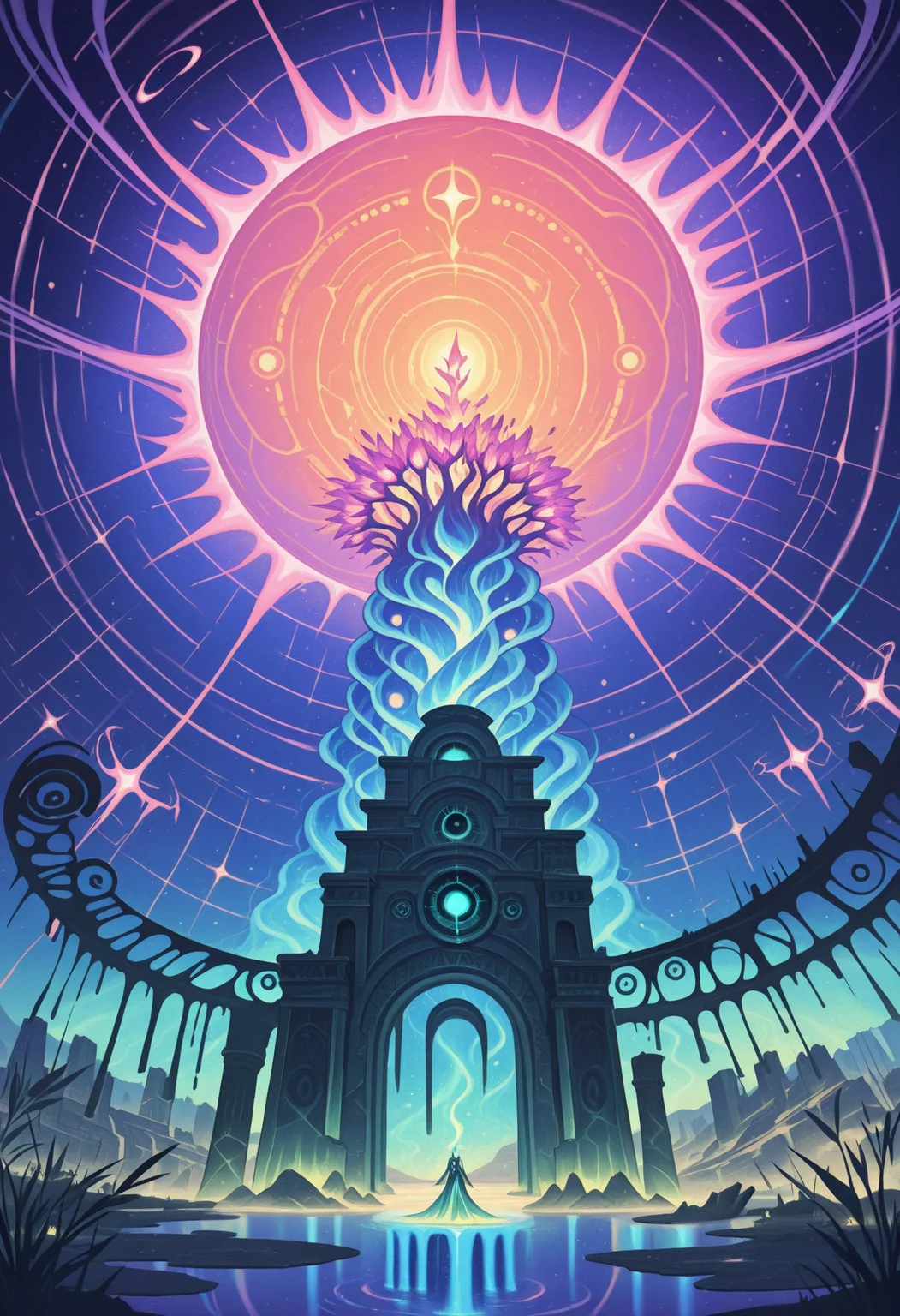 masterpiece, best quality, amazing quality,,<lora:afkJourneyIllustrious:1> afkJourneyStyle,
impossible landscape, alien world, magic energy, floating islands, bioluminescent plants, surreal architecture, ancient ruins, glowing crystals, ethereal fog, twin moons, colorful nebula sky, giant ringed planet in background, futuristic temples, fractal mountains, waterfalls flowing upward, luminous rivers, floating rocks, energy beams, magic runes, strange creatures in distance, vibrant colors, ultra-detailed, highly detailed, 4k, fantasy, science fiction, concept art