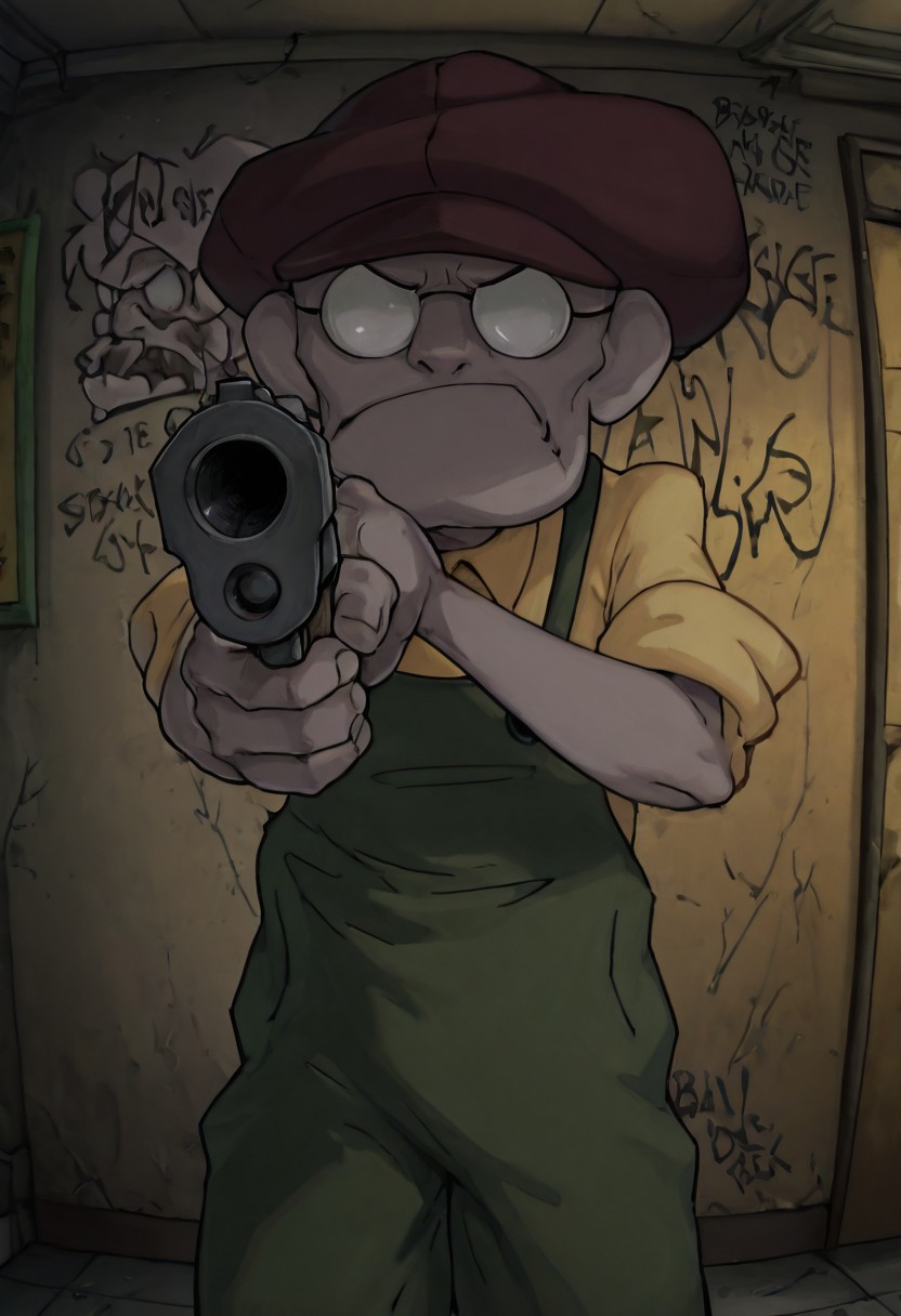 Masterpiece, best quality, absurdres, highest quality, solo, 1boy, Eustace, Bagge, green overalls, yellow shirt, hat, angry expression, glasses, aiming gun at viewer, graffiti, urban background, indoors, detailed background,