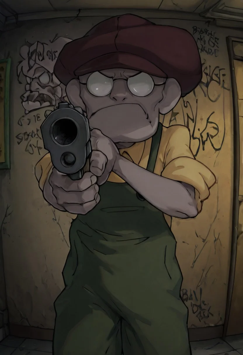 Masterpiece, best quality, absurdres, highest quality, solo, 1boy, Eustace, Bagge, green overalls, yellow shirt, hat, angry expression, glasses, aiming gun at viewer, graffiti, urban background, indoors, detailed background,