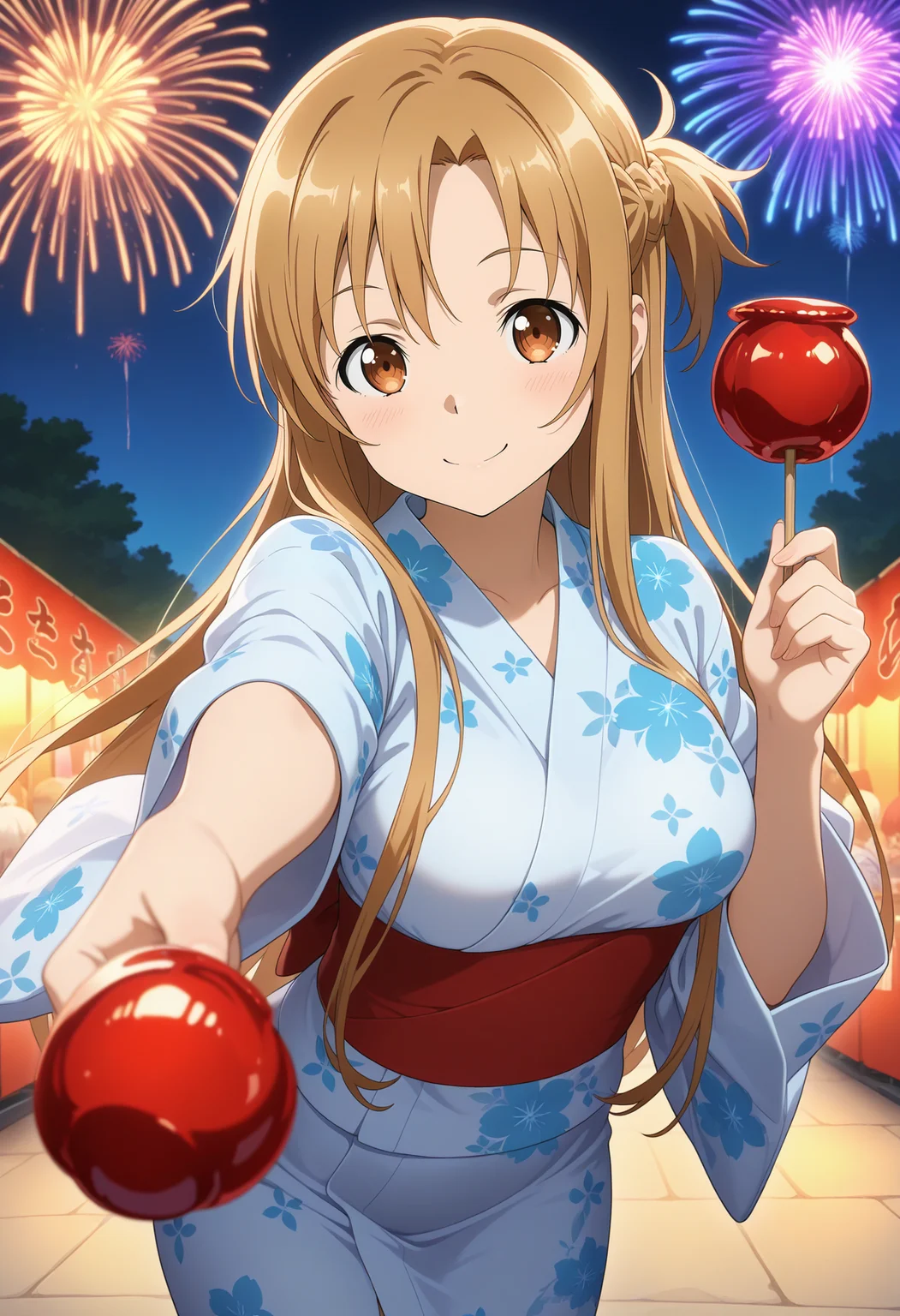best quality, good quality, amazing quality, very aesthetic, absurdres, masterpiece, 1girl, aaasuna, long hair, brown hair, braid, brown eyes, medium breasts, <lora:yuuki_asuna_ilxl_v1:0.9>, night, summer festival, outdoors, yukata, floral print, smile, fireworks, holding candy, candy apple, dual wielding, reaching, solo,