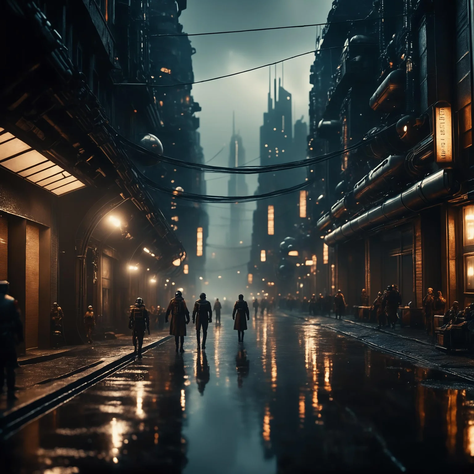 cinematic film still, a city, a dystopian future, year 3000, sci fi, amazing details, dark atmosphere, shallow depth of field, vignette, highly detailed, high budget, bokeh, cinemascope, moody, epic, gorgeous, film