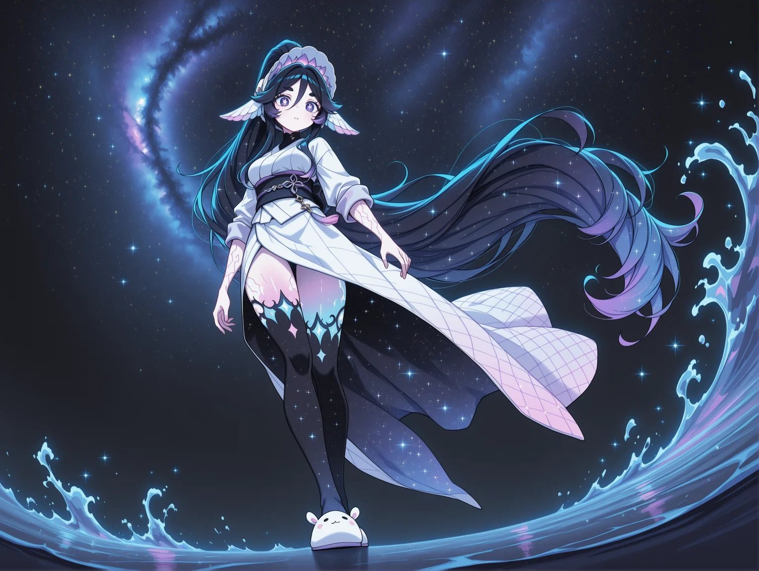 masterpiece,best quality,amazing quality, (solo:1.2),
harsh shadows, chirouso, dark, light,, iridescent, wind, fluttering hair, fluttering clothes, colorful,
1girl, high ponytail, starry hair, cross-shaped pupils, medium breasts, slippers, decorated knee high socks, absurdly long hair, scaled ears, sleeves rolled up, dyed eyebrows, triumphant expression, glowing skin,,
from below, dynamic angle, (dynamic pose:1.2),
clothing pattern, line print, bonnet,
kimono, japanese clothes, extravagant clothes,
abstract, surreal, water,
<lora:detailed_hands-000002:1> <lora:add-detail-xl:2> <lora:DetailerILv2:2> Jeddtl02 <lora:feet_anime_il_v3:1> <lora:naruhodo:0.8> nrhd2 <lora:NijijourneyNoob_byKonan:0.6> <lora:Wonderkind_V2:0.3> <lora:glowneon_xl_v1:0.3> glowneon, glowing, <lora:cvle01_v2_32_ILLU01:0.3> cvle01 <lora:WhiskyStyleV2:0.3>