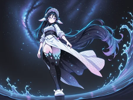 masterpiece,best quality,amazing quality, (solo:1.2),
harsh shadows, chirouso, dark, light,, iridescent, wind, fluttering hair, fluttering clothes, colorful,
1girl, high ponytail, starry hair, cross-shaped pupils, medium breasts, slippers, decorated knee high socks, absurdly long hair, scaled ears, sleeves rolled up, dyed eyebrows, triumphant expression, glowing skin,,
from below, dynamic angle, (dynamic pose:1.2),
clothing pattern, line print, bonnet,
kimono, japanese clothes, extravagant clothes,
abstract, surreal, water,
<lora:detailed_hands-000002:1> <lora:add-detail-xl:2> <lora:DetailerILv2:2> Jeddtl02 <lora:feet_anime_il_v3:1> <lora:naruhodo:0.8> nrhd2 <lora:NijijourneyNoob_byKonan:0.6> <lora:Wonderkind_V2:0.3> <lora:glowneon_xl_v1:0.3> glowneon, glowing, <lora:cvle01_v2_32_ILLU01:0.3> cvle01 <lora:WhiskyStyleV2:0.3>