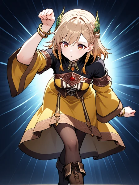 perfect quality,best quality,absolutely eye-catching,ambient occlusion,raytracing BREAK
1girl,<lora:rutea IL v1.2:0.8>,rutea,brown eyes,medium hair,braid,hair ornament,black shirt,yellow dress,wide sleeves,bracelet,boots,pantyhose,solo,long skirt,, perspective,medium_shot,bent_over,paw_pose,arm_up,crossed_legs,