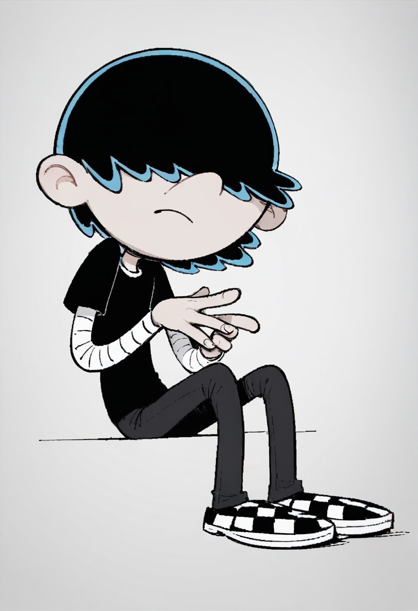 (score_9 | score_8_up | score_7_up) ((masterpiece:1))(best quality,very high quality,ultra detailed:1.2) (2D,cartoon style,anime style)(Smooth:2)(clean blurring) (four fingers on each hand,one thumb on each hand:1), Lars Loud, solo, 1boy, black hair, hair covers his eyes, pale grey skin, black shirt over a white turtleneck with black stripes, black pants, black And white checkered shoes
