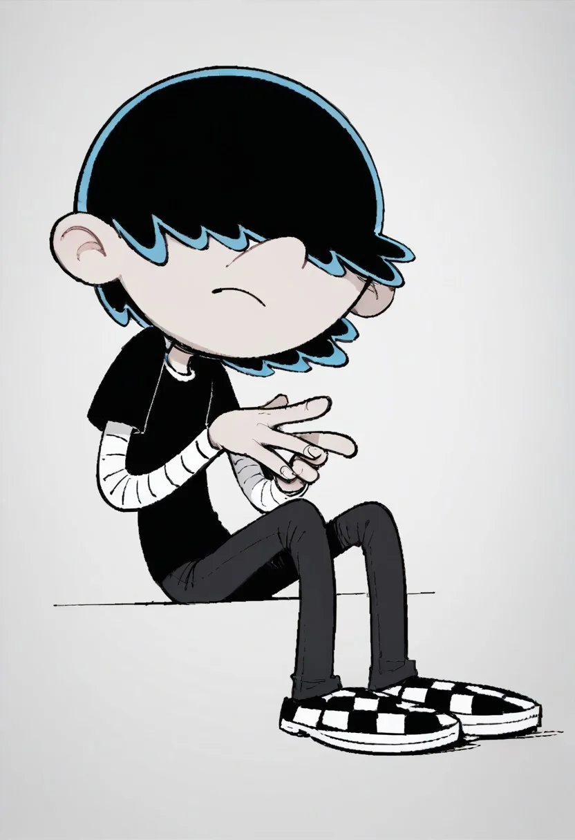 (score_9 | score_8_up | score_7_up) ((masterpiece:1))(best quality,very high quality,ultra detailed:1.2) (2D,cartoon style,anime style)(Smooth:2)(clean blurring) (four fingers on each hand,one thumb on each hand:1), Lars Loud, solo, 1boy, black hair, hair covers his eyes, pale grey skin, black shirt over a white turtleneck with black stripes, black pants, black And white checkered shoes
