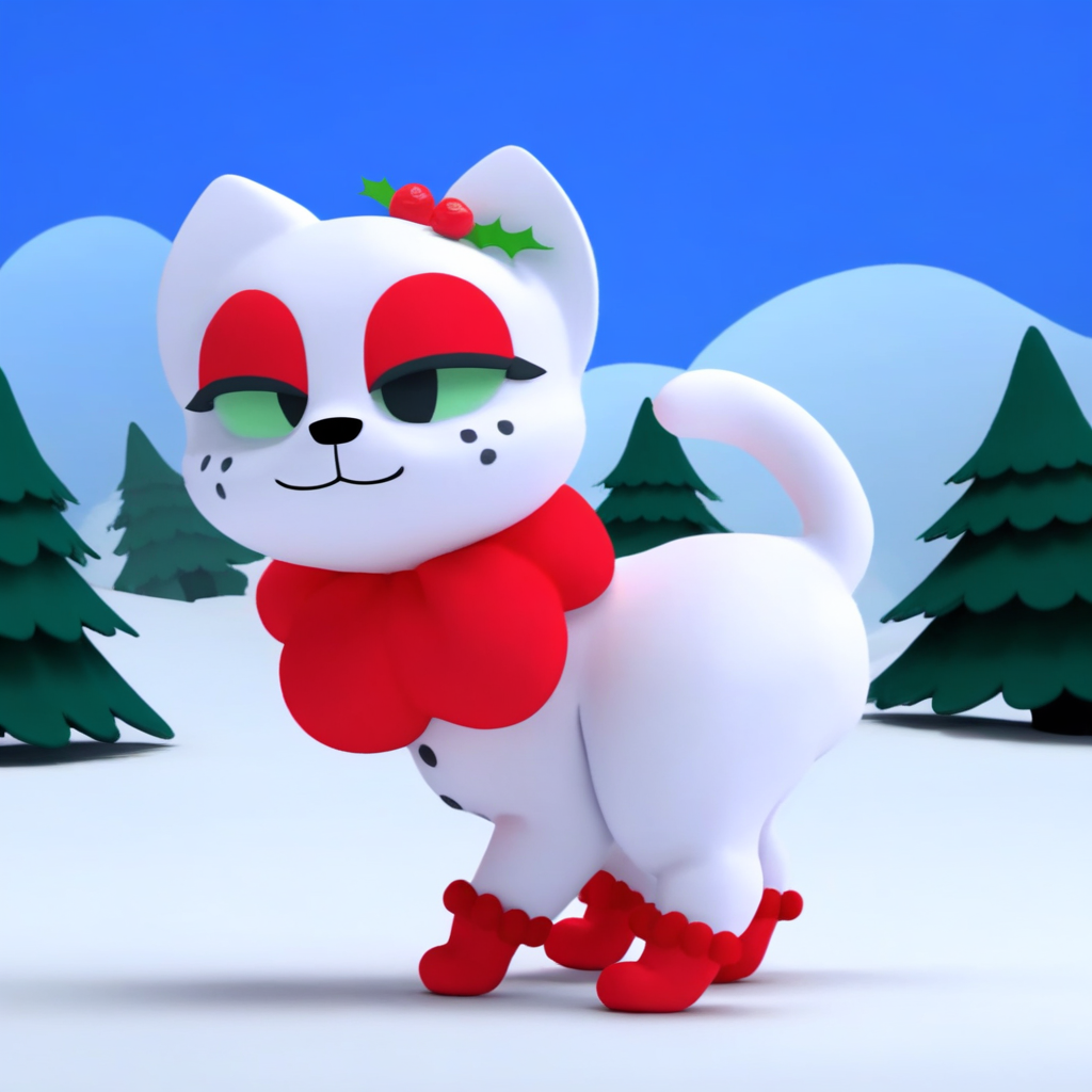 full body, colored sclera, day, scenery, 2boys, stop motion, eyeshadow, red bowtie, red flower, smile, bell, thought bubble, nature, tail, facing viewer, open mouth teeth, cat, animal ears, eyes closed, food, eyes half open, smooth white female cat, white ears, freckles, mouth open, red eyelids, red puffy scarf, cherry, sun, 3 black freckles on each cheek, mole, male focus, snowman buttons, shading, :3, makeup, black nose, moon, half-closed eyes, red footwear, pawprint, looking up, red fur, strawberry, light green sclera, beads, holly leaves with berries on left ear, mittens, sky, own hands together, waving, outline, forest