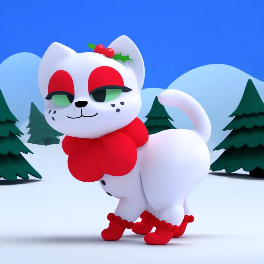 full body, colored sclera, day, scenery, 2boys, stop motion, eyeshadow, red bowtie, red flower, smile, bell, thought bubble, nature, tail, facing viewer, open mouth teeth, cat, animal ears, eyes closed, food, eyes half open, smooth white female cat, white ears, freckles, mouth open, red eyelids, red puffy scarf, cherry, sun, 3 black freckles on each cheek, mole, male focus, snowman buttons, shading, :3, makeup, black nose, moon, half-closed eyes, red footwear, pawprint, looking up, red fur, strawberry, light green sclera, beads, holly leaves with berries on left ear, mittens, sky, own hands together, waving, outline, forest