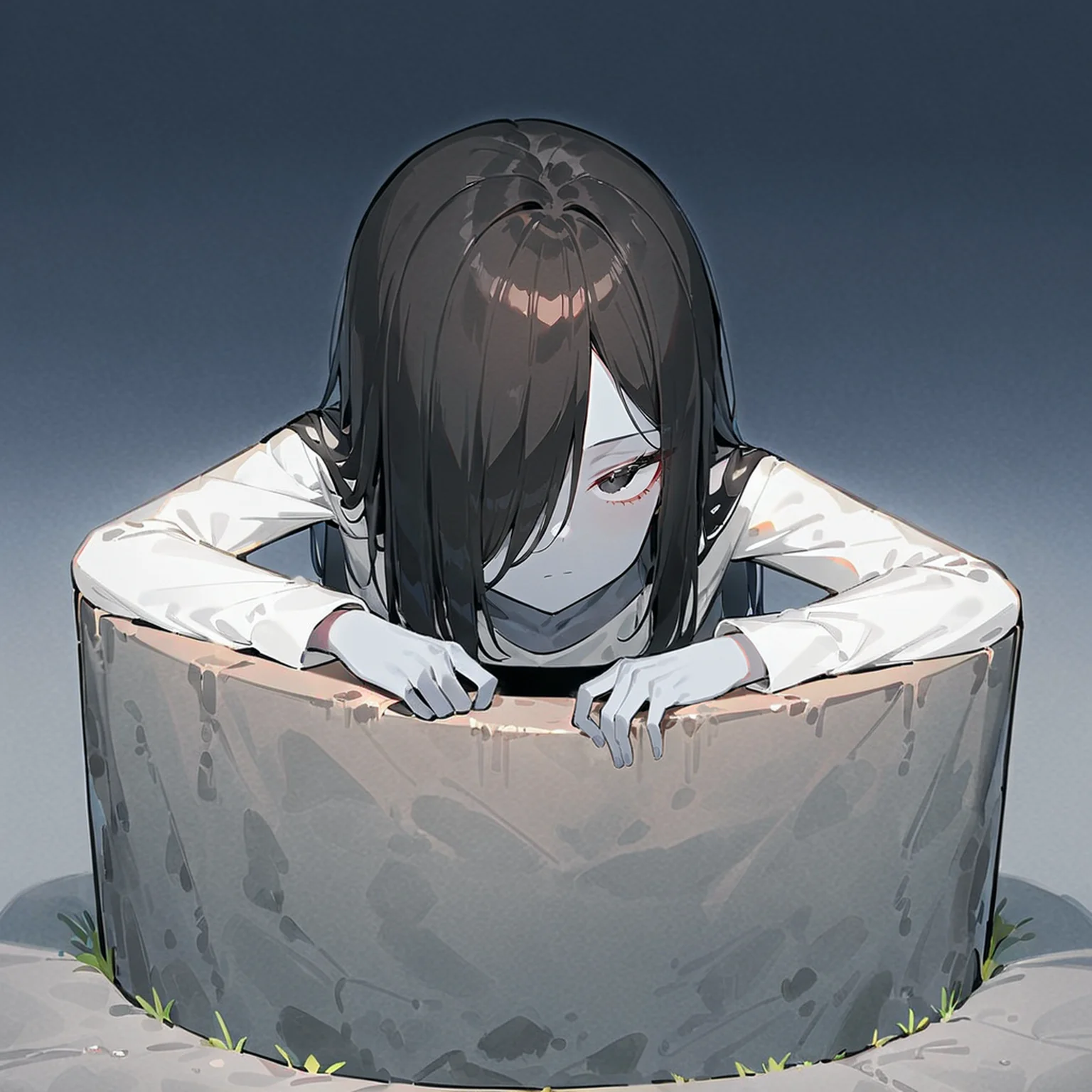 masterpiece, best quality, very aesthetic, absurdres,
(yamamura sadako:1.3) in well, black hair, long hair, straight hair, long bangs, black eyes, hair over one eye, gray skin, white spooky dress,simple dress, long sleeves, skinny, expressionless,glass, narrowed eyes, upper body, <lora:Well:1> , looking at viewer, crawling out
