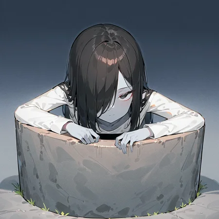 masterpiece, best quality, very aesthetic, absurdres,
(yamamura sadako:1.3) in well, black hair, long hair, straight hair, long bangs, black eyes, hair over one eye, gray skin, white spooky dress,simple dress, long sleeves, skinny, expressionless,glass, narrowed eyes, upper body, <lora:Well:1> , looking at viewer, crawling out