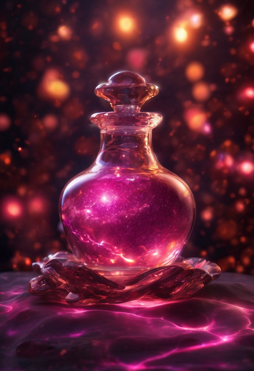 Score_9, Score_8, high_def, highest quality, 4k, best quality, masterpiece, focused, defined, Photorealistic magic potion, intricate glass bottle, elixir, vibrant maroon and pink colors, ethereal light, flashy lights, magic lights, luminous, dynamic reflections, magical aura, highly detailed, fantasy essence, glowing particles, radiant aura