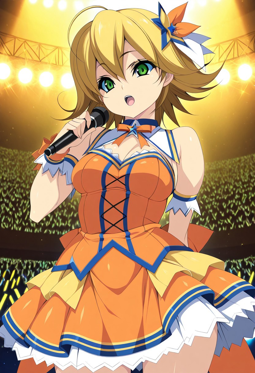 very awa,masterpiece, best quality, good quality,anime coloring,kinoshita_ichi,FongNina,blonde hair,ahoge,green eyes,
idol costume,orange dress,microphone