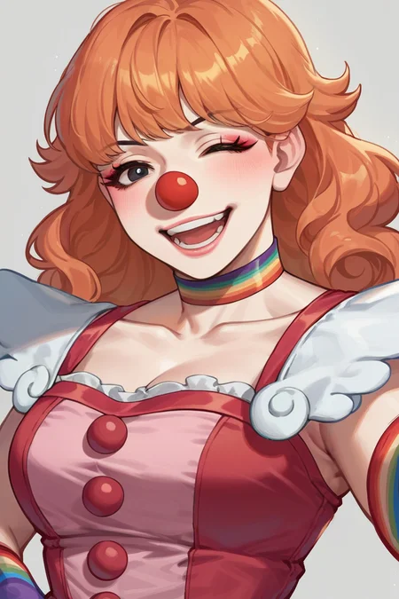 absurdres,high quality,score_9, score_8_up, score_7_up, score_6_up, score_5_up, score_4_up, source_anime,pointing at viewer,laughing
edgClussy,red clown nose, a woman dressed in a costume with a clown face ,wearing edgClussy
 <lora:edgClussyPony:0.65>