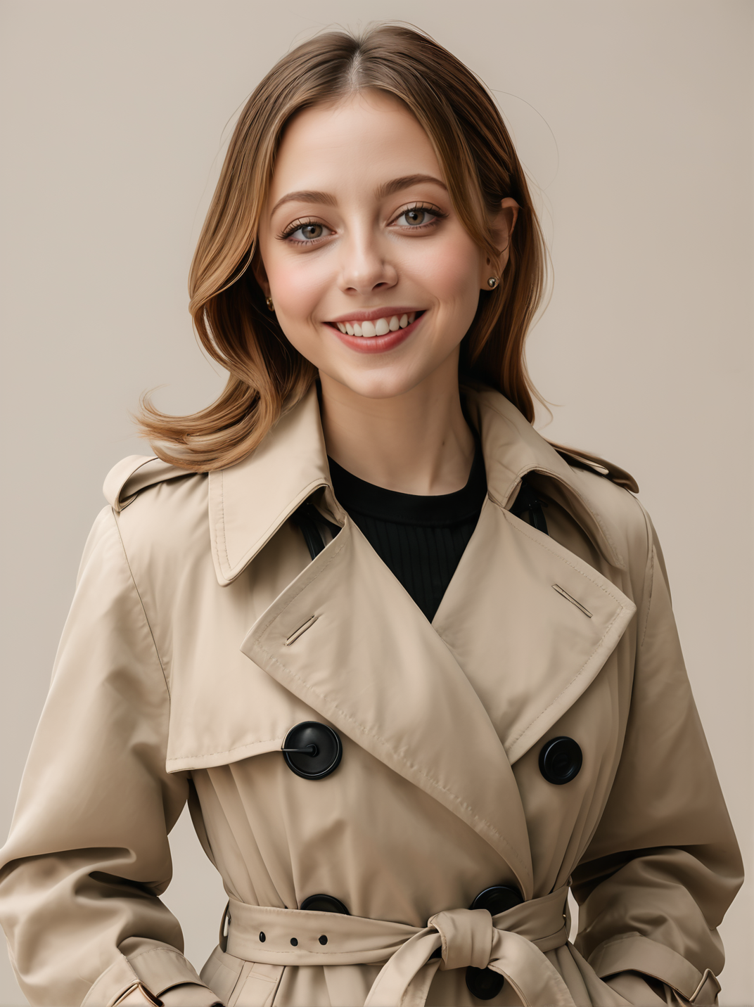 30yo felicitysynthxl, upper body, standing, neutral background, smile, large breasts, modest,
wearing a trench coat